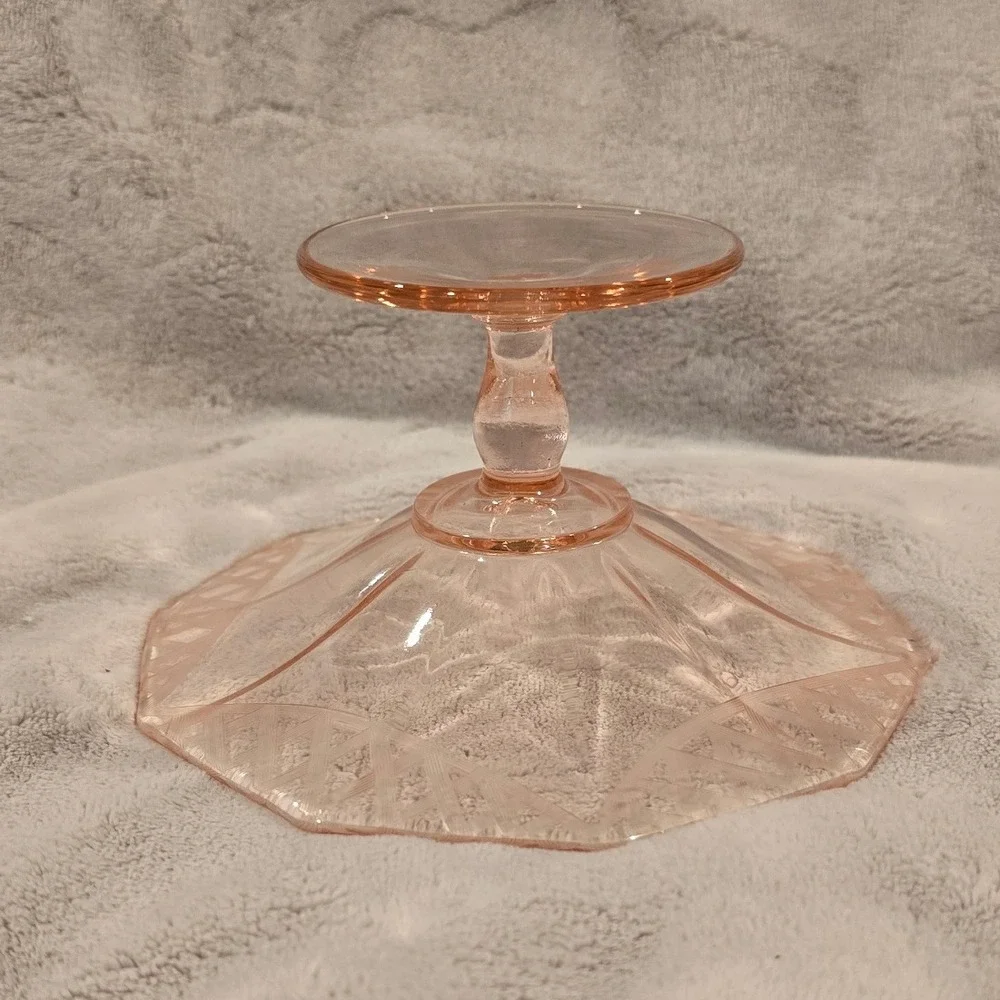 Vintage Pink Depression Etched Glass‎ Footed Compote Candy Dish Pedestal Bowl